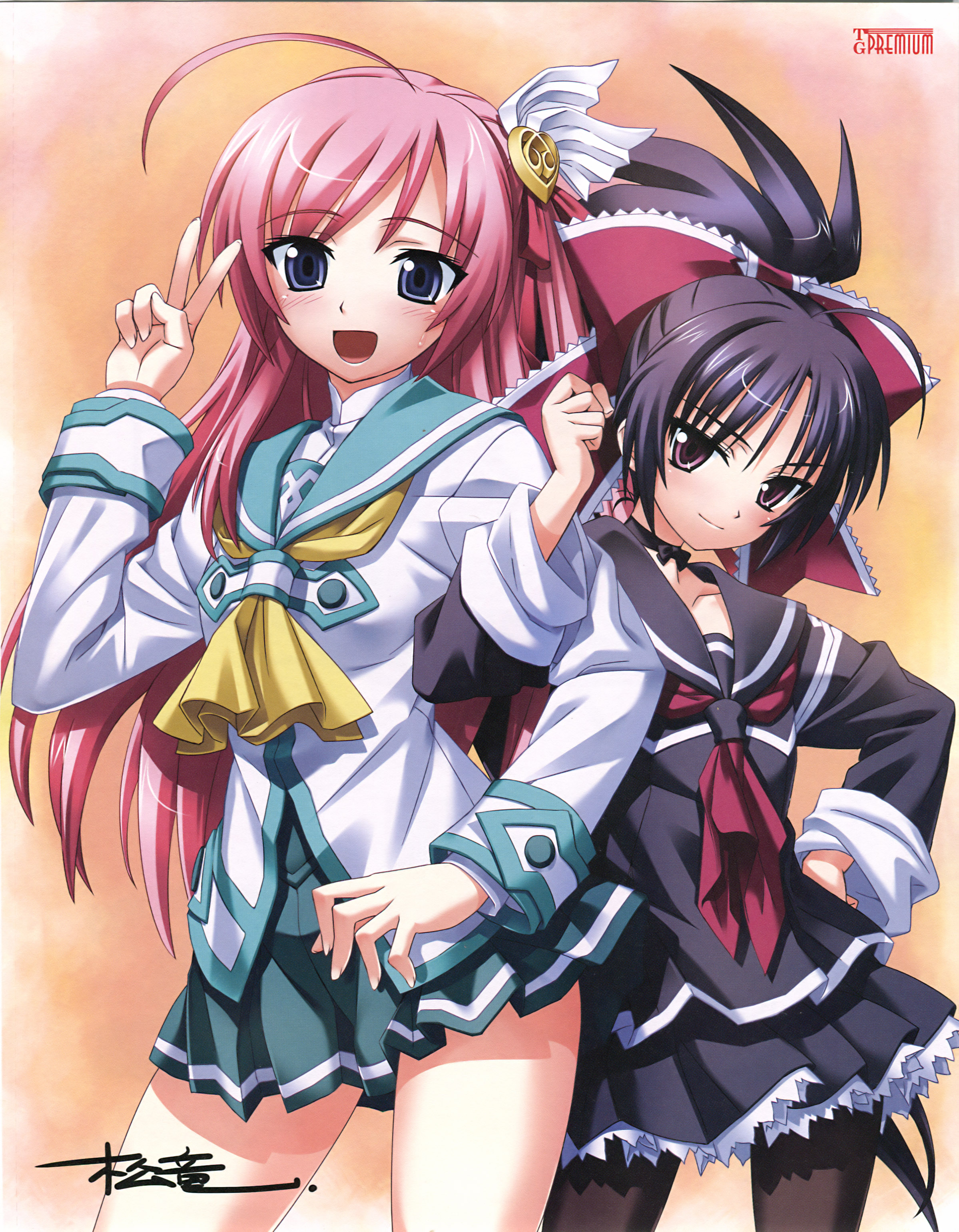 matsuryuu, kurokawa kirara, midorishita yumina, tenkuu no yumina, arm grab, black legwear, absurdres, highres, 2girls, ahoge, artist name, blue eyes, hair ornament, hair ribbon, holding another's arm, long hair, multiple girls, pantyhose, pink hair, ponytail, purple eyes, purple hair, ribbon, school uniform, signature, v, very long hair