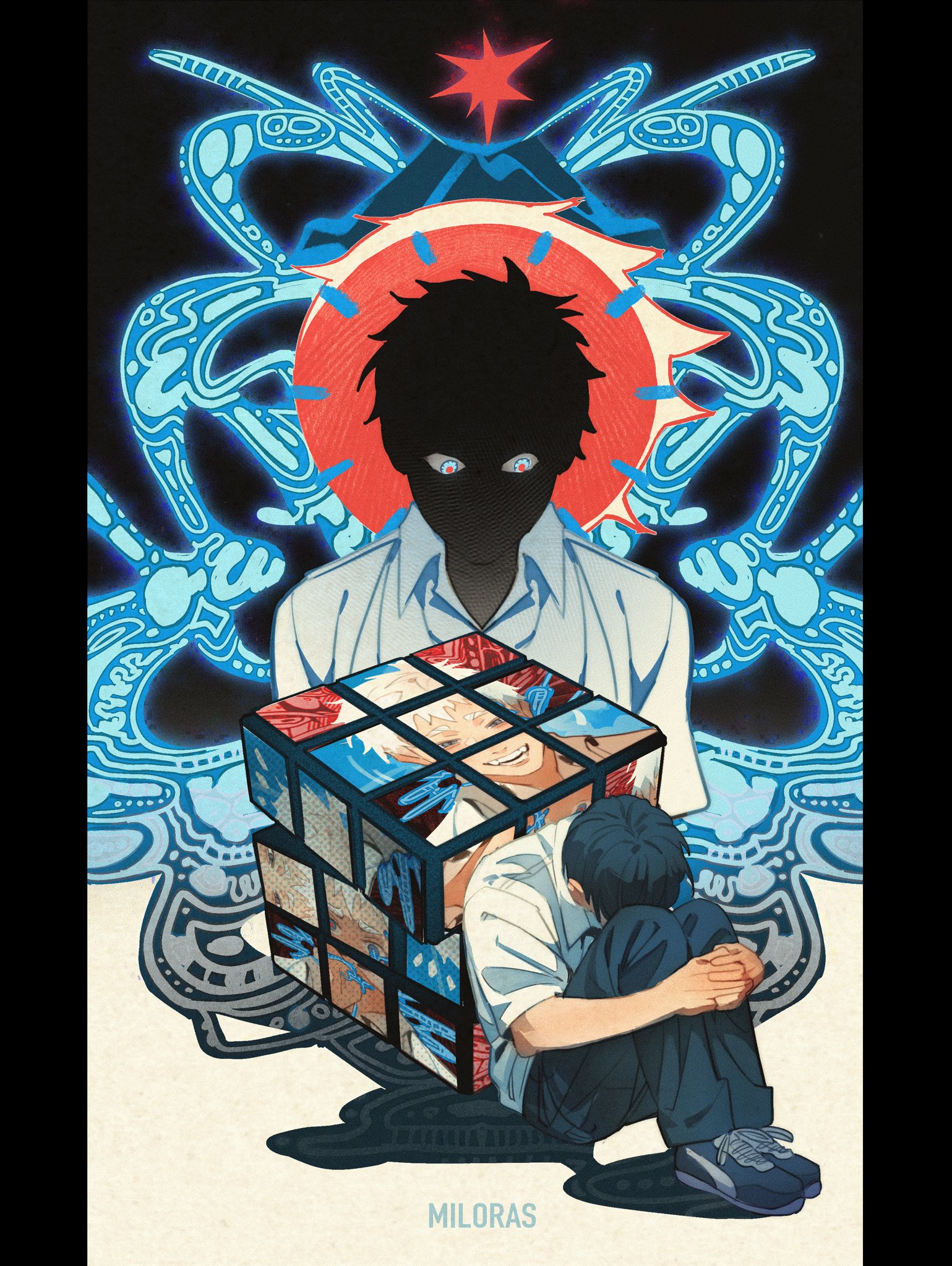 angrymiloras, indou hikaru, tsujinaka yoshiki, hikaru ga shinda natsu, highres, 2boys, artist name, black hair, black pants, black shoes, male focus, multiple boys, pants, puzzle piece, shirt tucked in, shoes, signature, white hair