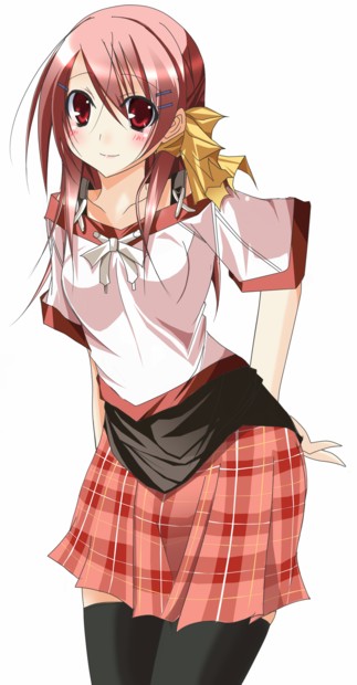 suzuna rin, 1girl, female focus, pink hair, red eyes, ribbon, skirt, solo, thighhighs, zettai ryouiki