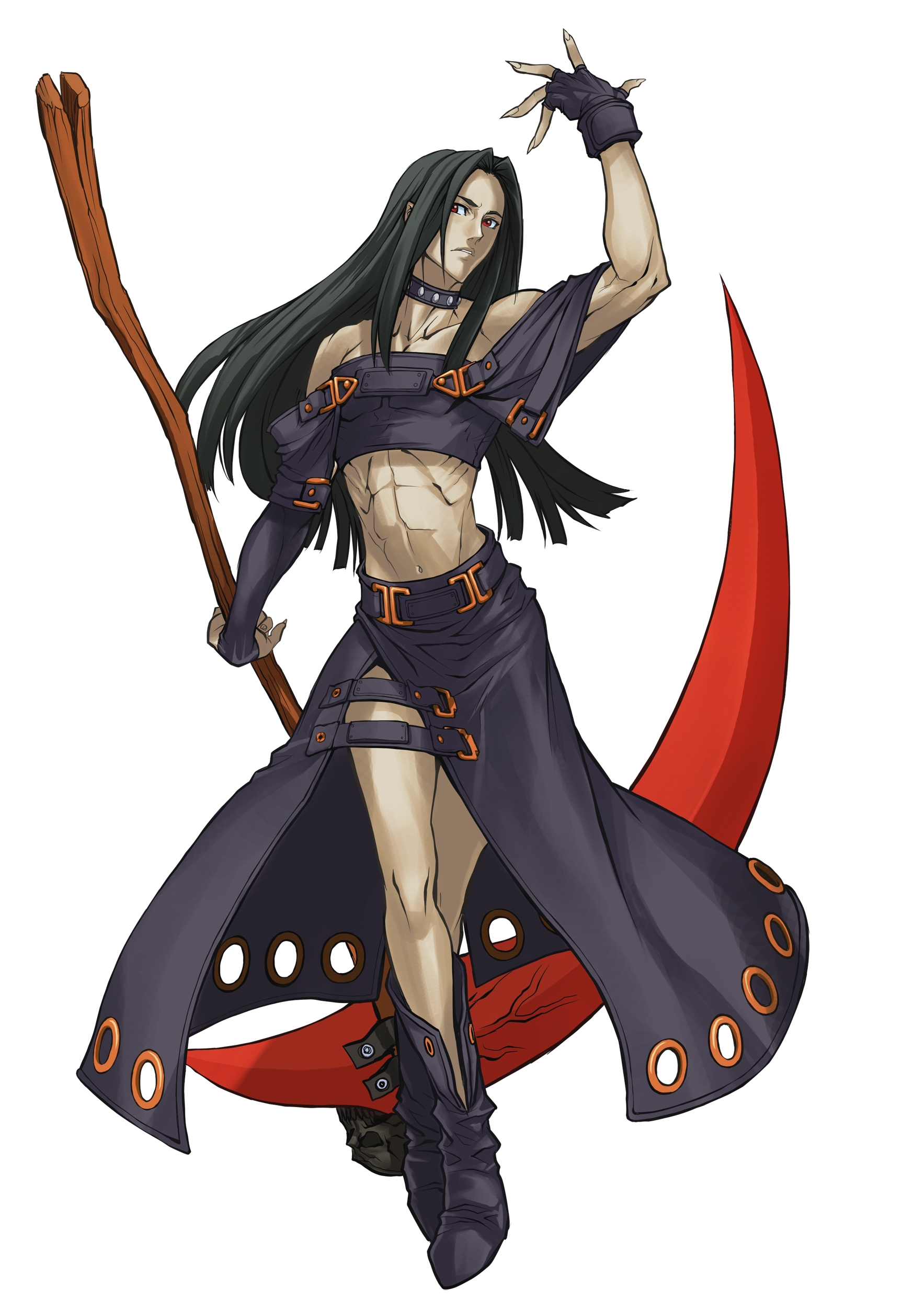 testament (guilty gear), arc system works, guilty gear, guilty gear x, guilty gear xx, absurdres, highres, official art, 1boy, androgynous, choker, fingerless gloves, gloves, male focus, midriff, scythe, solo