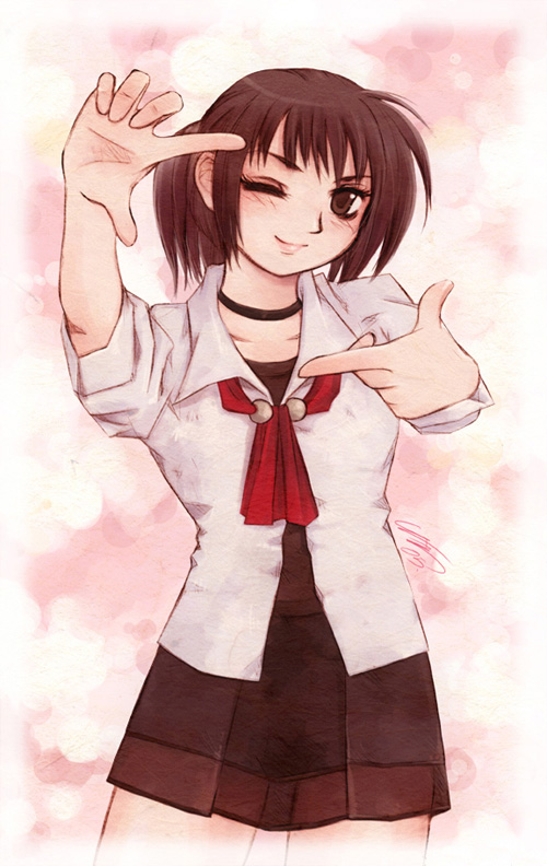 messiah cage, hinasaki miku, messiah, fatal frame, fatal frame iii: the tormented, 1girl, bow, brown eyes, brown hair, choker, dress, female focus, finger frame, flat chest, one eye closed, short hair, smile, solo, standing, wink