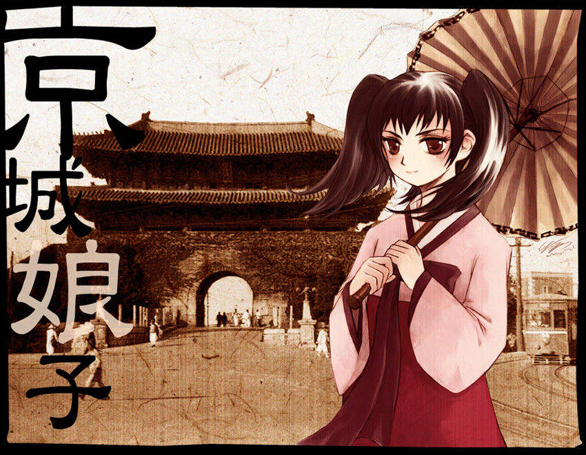 messiah cage, messiah, photo (medium), translated, 1girl, architecture, brown eyes, brown hair, castle, day, east asian architecture, female focus, flat chest, hanbok, korean clothes, oil-paper umbrella, parasol, photo background, short hair, sky, smile, solo, standing, temple, train, umbrella