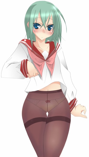suzuna rin, iwasaki minami, lucky star, 00s, 1girl, black pantyhose, blue eyes, blush, crotch seam, female focus, green hair, no pants, panties, panties under pantyhose, pantyhose, school uniform, short hair, solo, thigh gap, thighband pantyhose, thighs, underwear