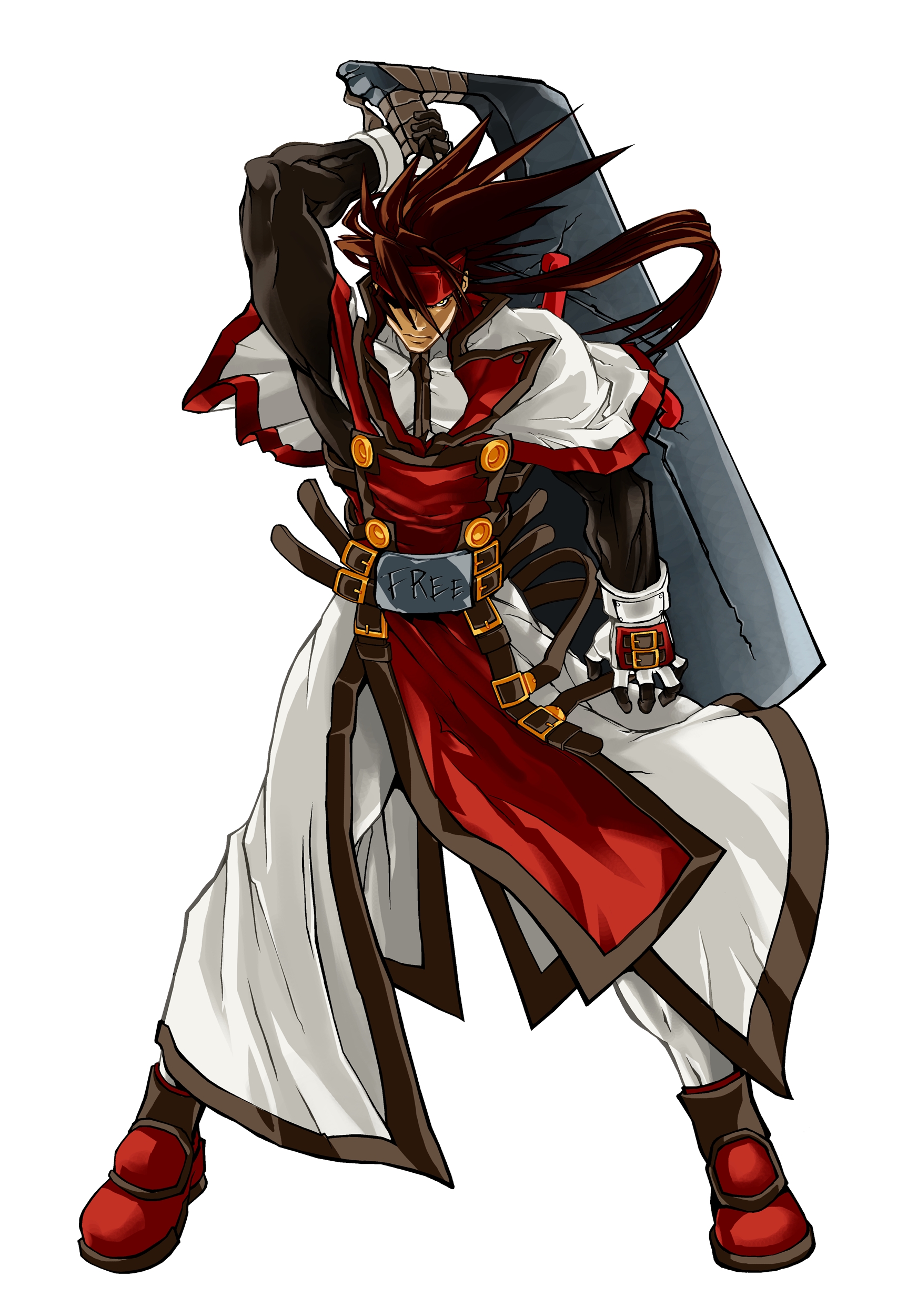 order-sol, order sol, sol badguy, arc system works, guilty gear, guilty gear xx, guilty gear xx slash, absurdres, highres, official art, 1boy, brown hair, concrete, headband, huge weapon, male focus, solo, sword, weapon