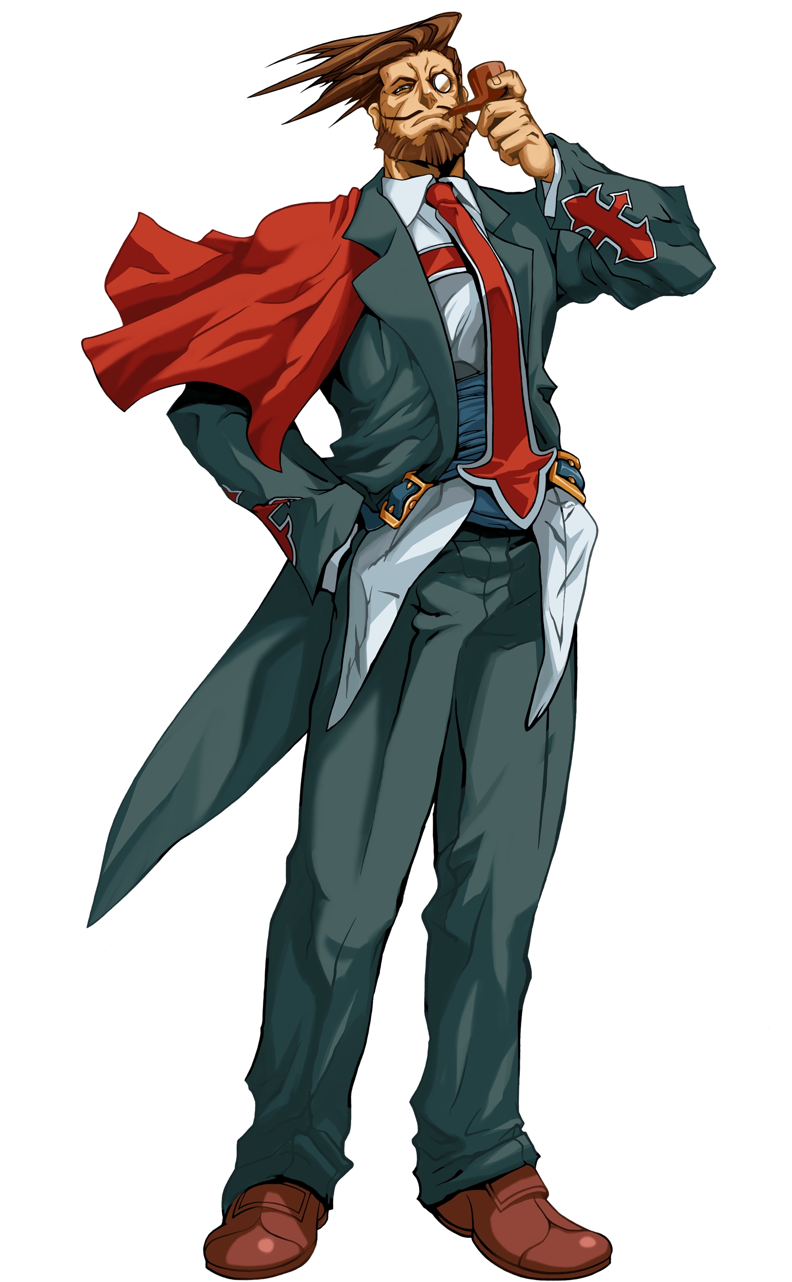 slayer (guilty gear), arc system works, guilty gear, guilty gear xx, absurdres, highres, official art, 1boy, beard, brown hair, cross, facial hair, formal clothes, holding, holding smoking pipe, male focus, monocle, mustache, necktie, pipe in mouth, smoking pipe, solo, suit