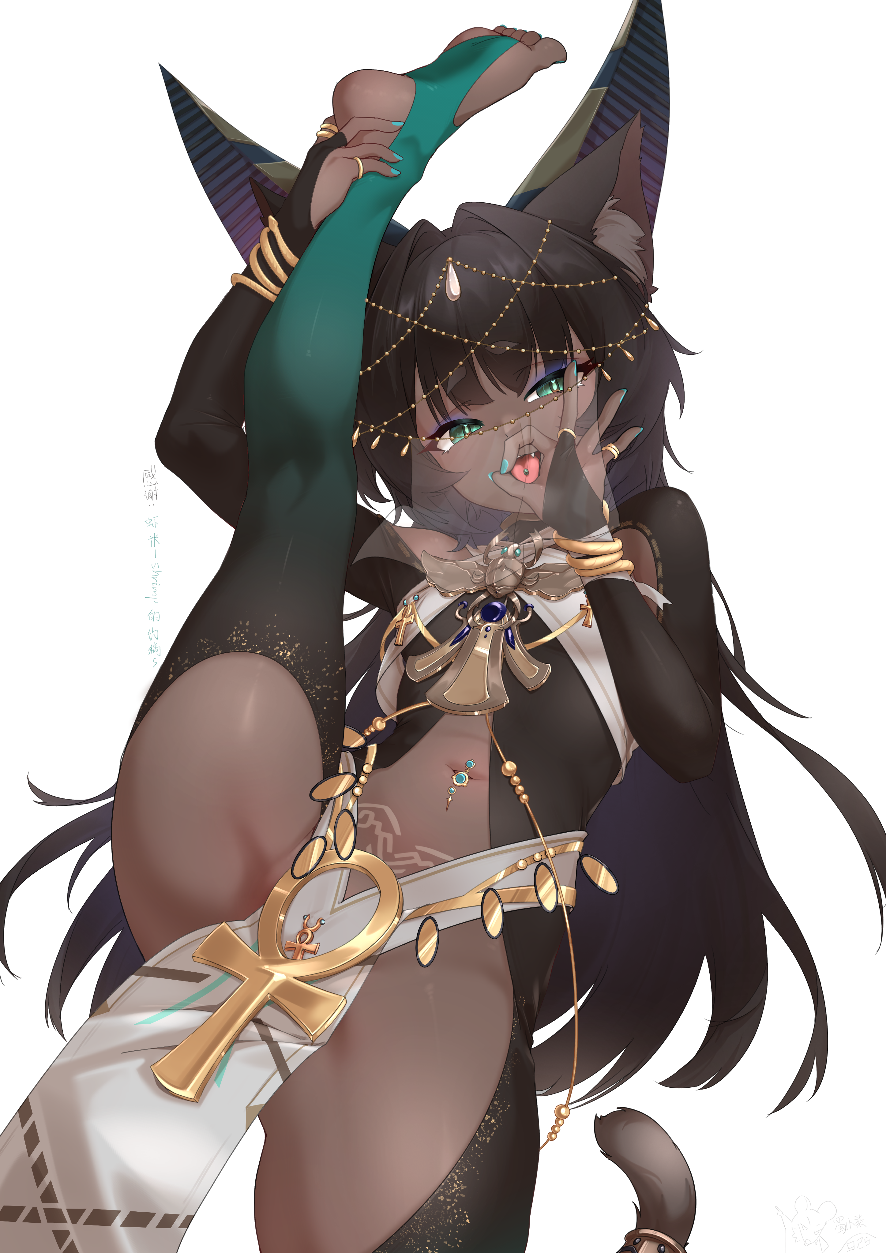hinanawi mika, original, absurdres, highres, 1girl, animal ears, ankh, armpits, bodystocking, breasts, brown hair, cat ears, cat girl, cat tail, dancer, dark-skinned female, dark skin, eyebrows hidden by hair, fellatio gesture, flexible, green eyes, jewelry, long hair, looking at viewer, nail polish, navel piercing, necklace, open mouth, piercing, see-through clothes, see-through veil, simple background, slit pupils, small breasts, smile, soles, solo, split, standing, standing on one leg, standing split, tail, toes, tongue, tongue out, veil, very long hair, white background
