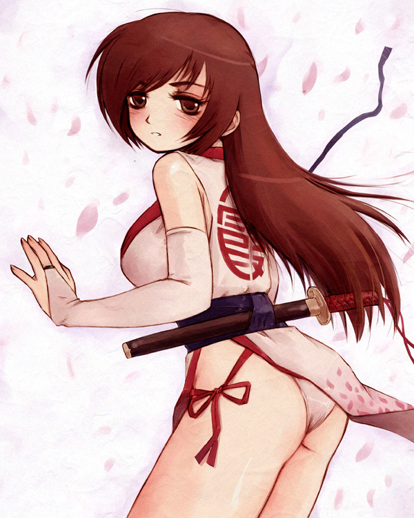messiah cage, kasumi (doa), messiah, dead or alive, tecmo, 1girl, breasts, brown eyes, brown hair, cherry blossoms, female focus, katana, large breasts, long hair, panties, pelvic curtain, pink panties, ribbon, sideboob, solo, standing, sword, underwear, weapon