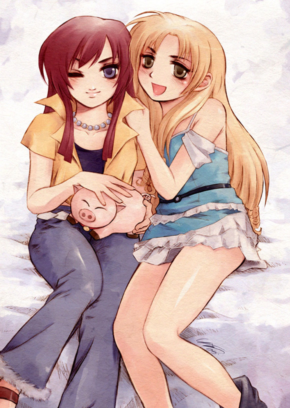 messiah cage, messiah, 2girls, bare shoulders, blonde hair, blue eyes, boots, brown hair, denim, dress, flat chest, green eyes, jeans, jewelry, long hair, multiple girls, necklace, pants, pig, sandals, sitting, smile