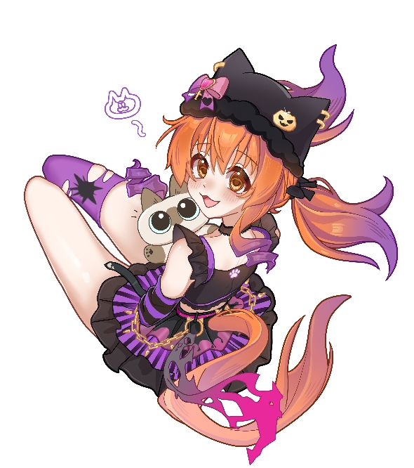 dexien, mayano top gun (rockin' mewmeow) (umamusume), mayano top gun (umamusume), umamusume, commentary, symbol-only commentary, 1girl, :3, :d, airplane hair ornament, animal ear headwear, animal earrings, animal ears, arm warmers, black hat, black shirt, black skirt, blush, curly sidelocks, fake animal ears, from above, full body, hat, holding, holding stuffed toy, horse ears, horse girl, long hair, looking at viewer, low twintails, official alternate costume, official alternate hairstyle, open mouth, orange eyes, orange hair, pumpkin hat ornament, purple arm warmers, purple sleeves, purple thighhighs, shirt, single thighhigh, sitting, skirt, smile, solo, spoken expression, striped arm warmers, striped sleeves, stuffed animal, stuffed toy, tail, thighhighs, twintails, white background