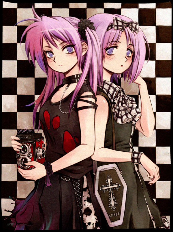 messiah cage, hiiragi kagami, hiiragi tsukasa, messiah, lucky star, 00s, 2girls, back-to-back, bag, bare shoulders, blush, bow, camera, chain, choker, coffin, collarbone, cross, dress, flat chest, frown, gothic lolita, hair bow, handbag, lolita fashion, multiple girls, purple eyes, purple hair, short hair, siblings, sisters, standing, tareme, torn clothes, tsurime, twin-lens reflex camera, twins, twintails