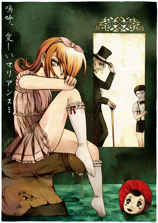 messiah cage, messiah, stone, translated, 1girl, 2boys, blonde hair, bow, brown hair, cane, doll, dress, earrings, feet, flat chest, grey eyes, hair over one eye, hairband, hat, hat tip, jewelry, lace, mask, multiple boys, penis, profile, red eyes, sexually suggestive, short hair, shorts, sitting, smile, soaking feet, socks, standing, surreal, suspenders, top hat, tuxedo, water, what, white hair