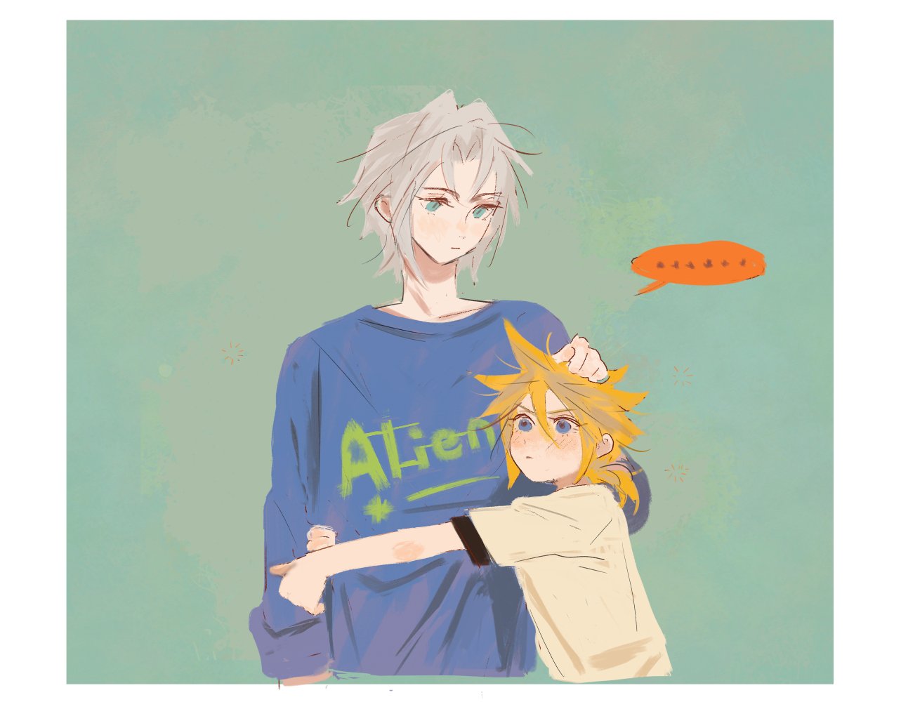 pai jingguan, cloud strife, sephiroth, sephiroth (ever crisis), final fantasy, final fantasy vii, final fantasy vii ever crisis, chinese commentary, commentary request, …, 2boys, age difference, aged down, alternate costume, aqua eyes, arms around waist, blonde hair, blue eyes, blue shirt, blush, cropped torso, english text, green background, grey hair, hair intakes, hand on another's head, headpat, height difference, hug, implied yaoi, long hair, long sleeves, looking at another, looking down, low ponytail, male focus, multiple boys, parted bangs, ponytail, shirt, short hair, short ponytail, slit pupils, spiked hair, t-shirt, upper body, white shirt