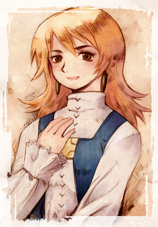 messiah cage, messiah, refia, final fantasy, final fantasy iii, 1990s (style), 1girl, blonde hair, blue eyes, cuffs, earrings, female focus, flat chest, jewelry, lace, short hair, smile, solo, standing