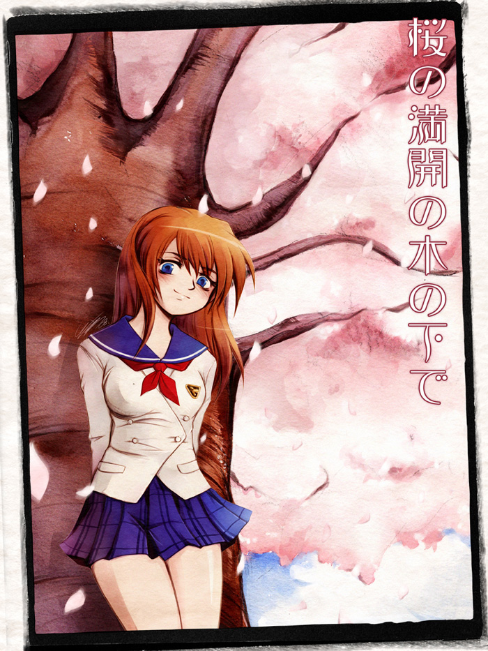 messiah cage, messiah, framed, plaid, striped, trunk, translated, 1girl, against tree, arms behind back, blazer, blue eyes, blue skirt, blush, bow, breasts, brown hair, cherry blossoms, cleavage, cloud, cowboy shot, day, female focus, head tilt, jacket, leaning, long hair, long sleeves, looking at viewer, medium breasts, neckerchief, petals, red hair, school uniform, serafuku, skirt, sky, smile, solo, tareme, text focus, tree, white jacket