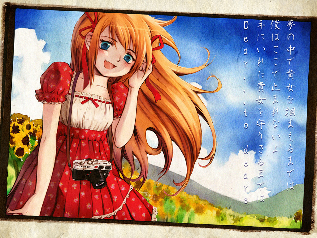 messiah cage, messiah, framed, blue eyes, bow, camera, cloud, day, dress, flat chest, flower, grass, lace, long hair, red hair, sky, smile, solo, standing, sunflower