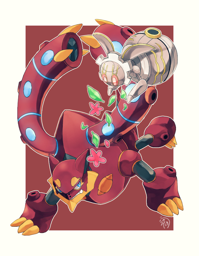 usatarou (annke-to), magearna, magearna (original), volcanion, nintendo, pokemon, pokemon (anime), pokemon the movie: volcanion and the mechanical marvel, pokemon xy (anime), commentary request, blue eyes, border, colored sclera, dot nose, eyelashes, flower, gen 6 pokemon, gen 7 pokemon, leaf, legendary pokemon, mythical pokemon, nostrils, outline, pink eyes, pink flower, pokemon (creature), pokemon focus, red background, red sclera, robot, simple background, teeth, white border, white outline