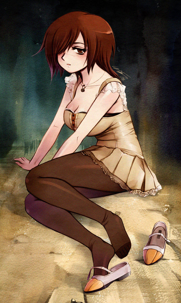 messiah cage, messiah, minazuki ruka, fatal frame, fatal frame: mask of the lunar eclipse, 1girl, arm support, blush, breasts, brown eyes, brown hair, buttons, cleavage, dress, female focus, hair over one eye, jewelry, lace, lace-trimmed dress, lace trim, large breasts, necklace, pantyhose, shoe dangle, shoes, short hair, single shoe, sitting, solo, unworn shoes, yokozuwari