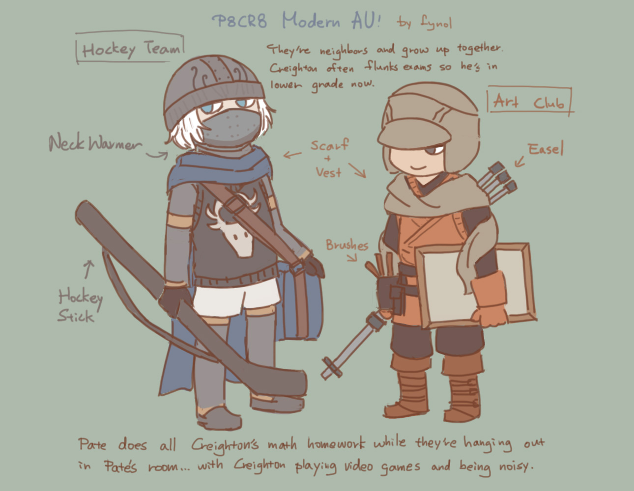 lynol, creighton of mirrah, mild mannered pate, dark souls (series), dark souls ii, commentary, 2boys, alternate costume, alternate universe, beanie, black boots, black sweater vest, blue eyes, blue scarf, boots, brown boots, brown sweater vest, contemporary, easel, english text, full body, green background, grey pants, grey scarf, hat, holding hockey stick, male focus, multiple boys, pants, scarf, short hair, simple background, standing, sweater vest, white hair
