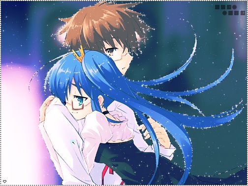 tsuwabuki masaharu, yuuki nona, nanatsuiro drops, 00s, 1boy, 1girl, blue eyes, blue hair, brown hair, dress, glasses, hetero, hug, long hair, ponytail