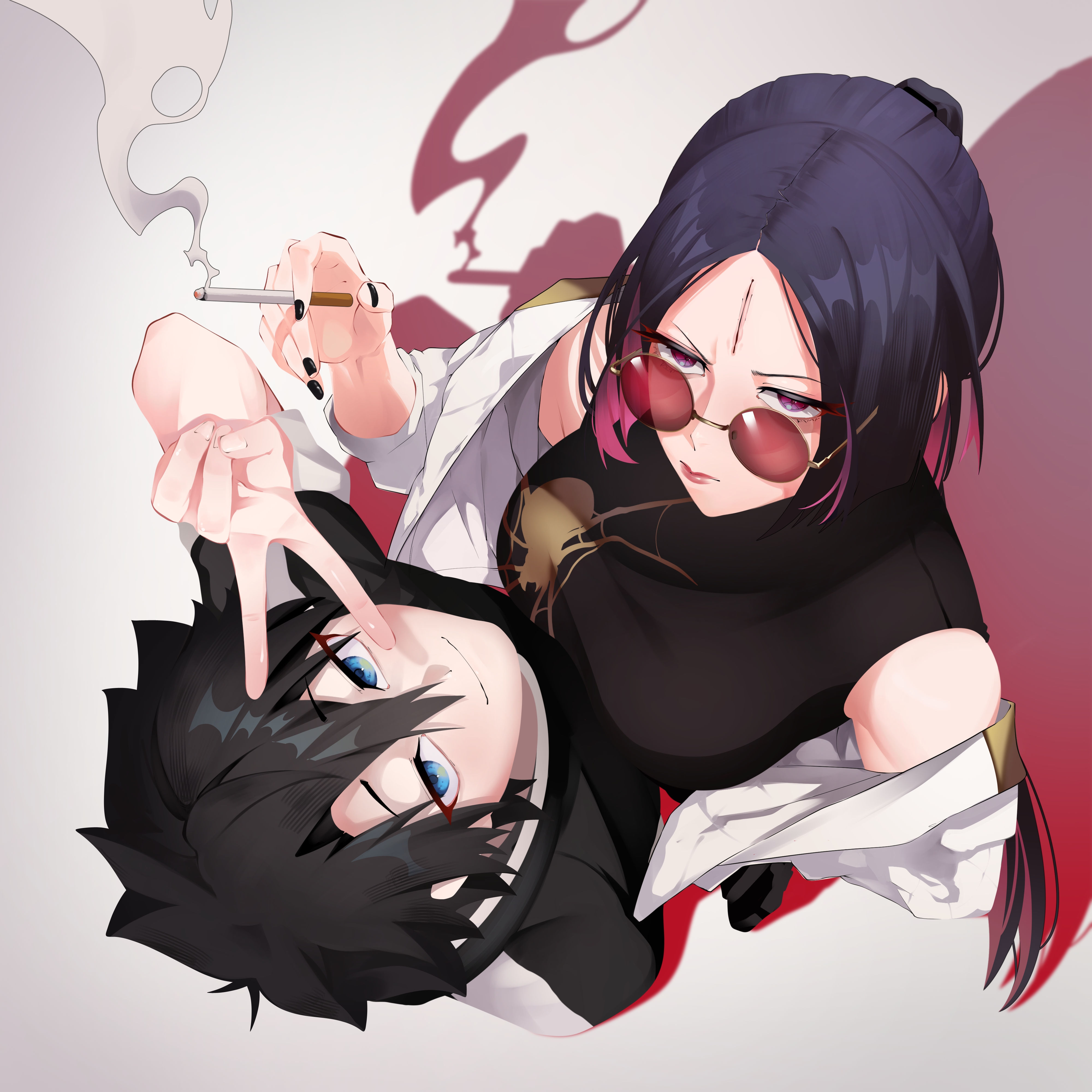 fujimaru ritsuka (male), minamoto no raikou (fate), ushi gozen (fate), fate/grand order, fate (series), absurdres, highres, 1boy, 1girl, aged up, black hair, blue eyes, cigarette, couple, mature female, pink eyes, purple hair, slob slime, smoking