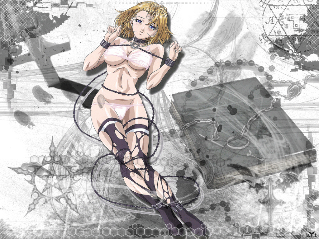 kitami reika, bible black, 00s, 1girl, bdsm, blonde hair, blue eyes, bondage, bound, bra, breasts, chain, female focus, lying, medium breasts, navel, panties, solo, underwear