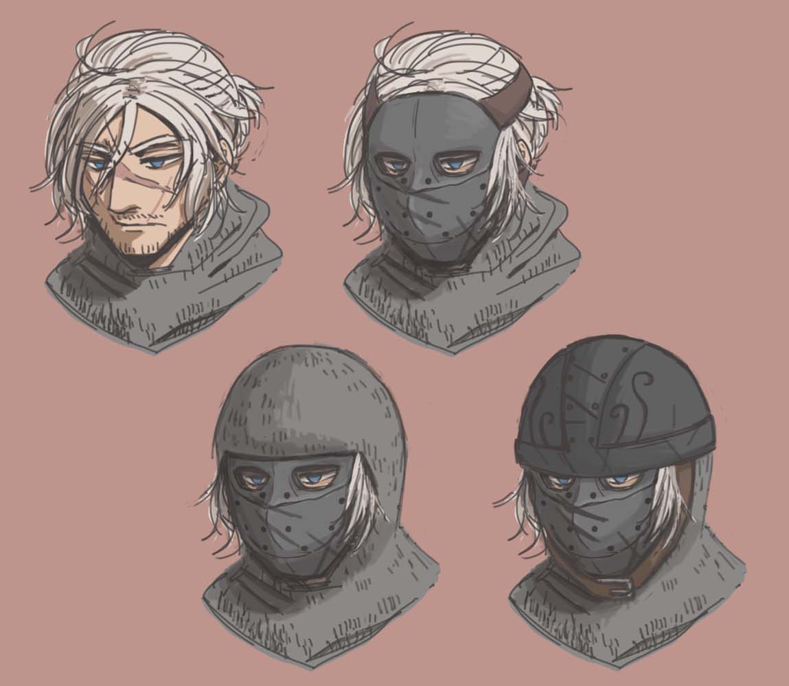 lynol, creighton of mirrah, dark souls (series), dark souls ii, commentary request, 1boy, armor, blue eyes, chainmail, closed mouth, facial hair, grey hair, helmet, male focus, mask, masked, mustache stubble, portrait, scar, scar on face, scar on nose, short hair, simple background, stubble