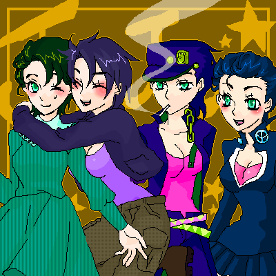 higashikata josuke, jonathan joestar, joseph joestar, joseph joestar (young), kuujou joutarou, asame shinbun, jojo no kimyou na bouken, lowres, 4girls, blush, cigarette, family, genderswap, genderswap (mtf), multiple girls, oekaki, smoking, time paradox