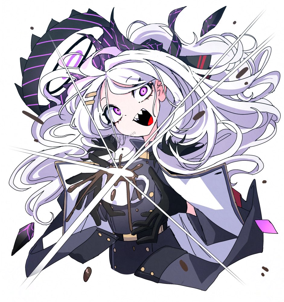 dr yamero, hina (blue archive), blue archive, 1girl, ahoge, black halo, breasts, demon girl, demon horns, demon wings, halo, horns, long hair, looking at viewer, purple eyes, small breasts, solo, white hair, wings