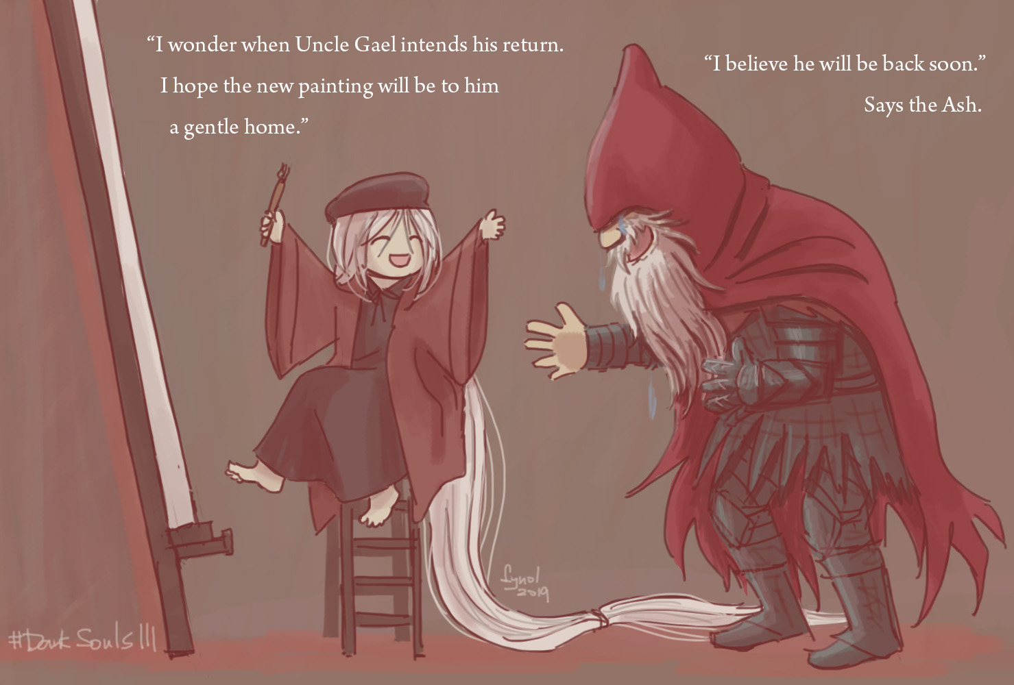 lynol, painting woman (dark souls), slave knight gael, dark souls (series), dark souls iii, commentary, 1boy, 1girl, absurdly long hair, arms up, beard, cloak, closed eyes, crying, english text, facial hair, full body, holding, holding paintbrush, hood, hood up, hooded cloak, long hair, open mouth, paintbrush, painting (object), red cloak, sitting, smile, standing, stool, tears, very long hair