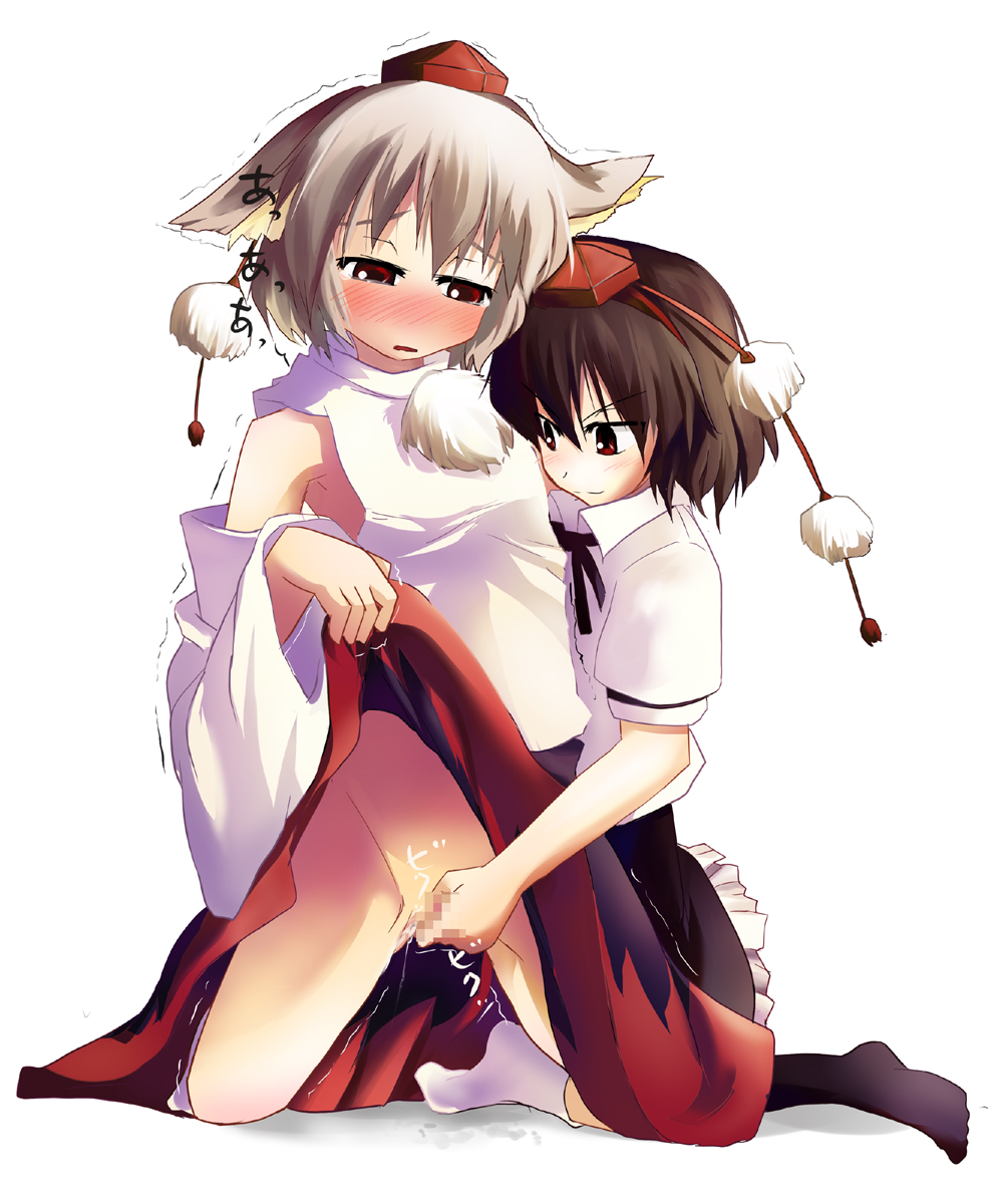 murasin, inubashiri momiji, shameimaru aya, touhou, highres, 2girls, animal ears, black hair, blush, censored, detached sleeves, female focus, fingering, grey hair, hat, multiple girls, no panties, red eyes, tears, tokin hat, wolf ears, yuri