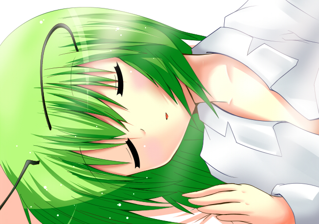 midori (misuriru8), midori (pixiv76139), wriggle nightbug, touhou, 1girl, antennae, female focus, green hair, shirt, short hair, simple background, sleeping, solo, white shirt
