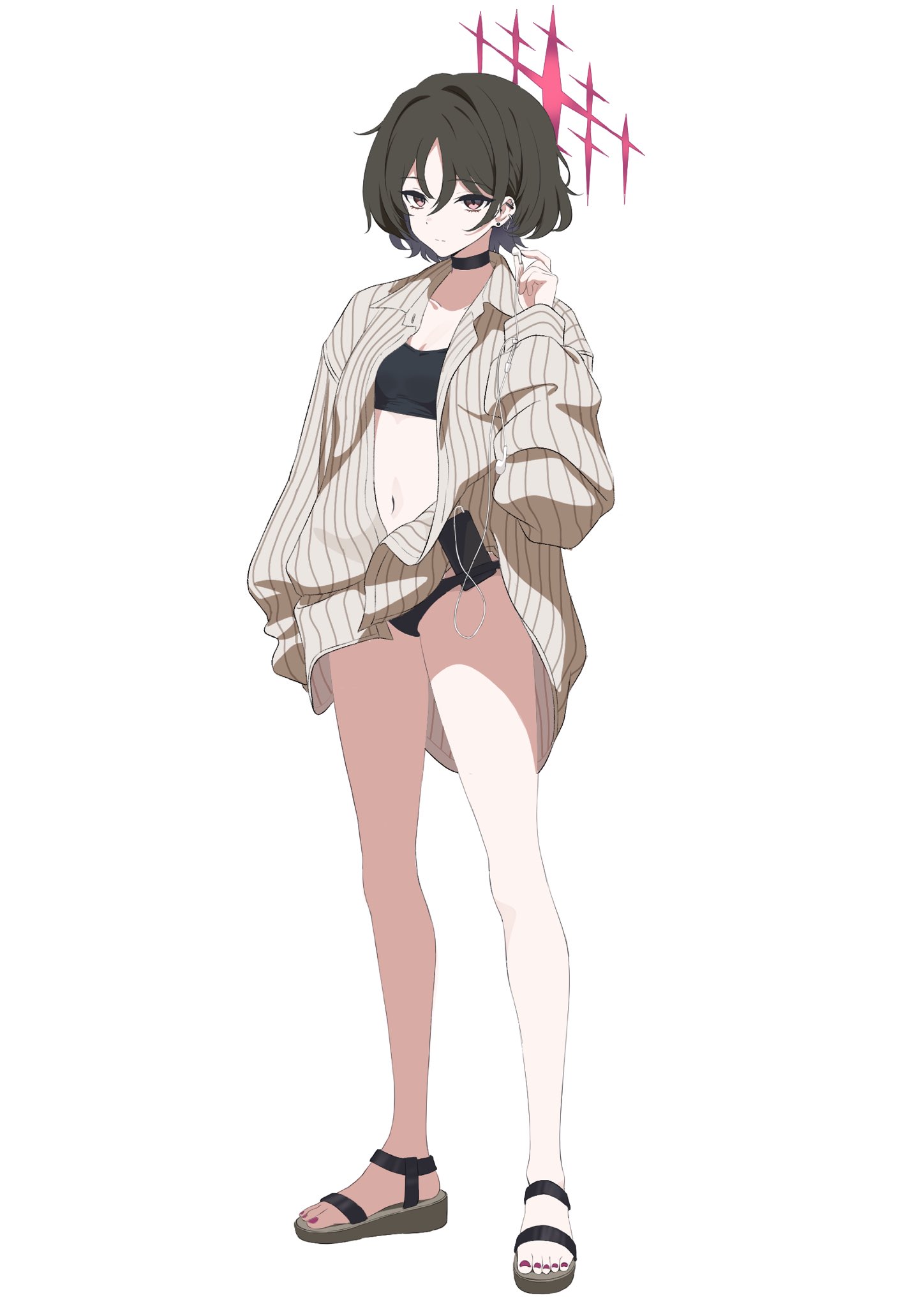 cu cu cu, misaki (blue archive), misaki (swimsuit) (blue archive), blue archive, highres, 1girl, bandeau, barbell piercing, bikini, bikini under clothes, black bandeau, black bikini, ear piercing, halo, industrial piercing, official alternate costume, piercing, pinstripe pattern, pinstripe shirt, red halo, shirt, solo, striped clothes, striped shirt, swimsuit, vertical-striped clothes, vertical-striped shirt