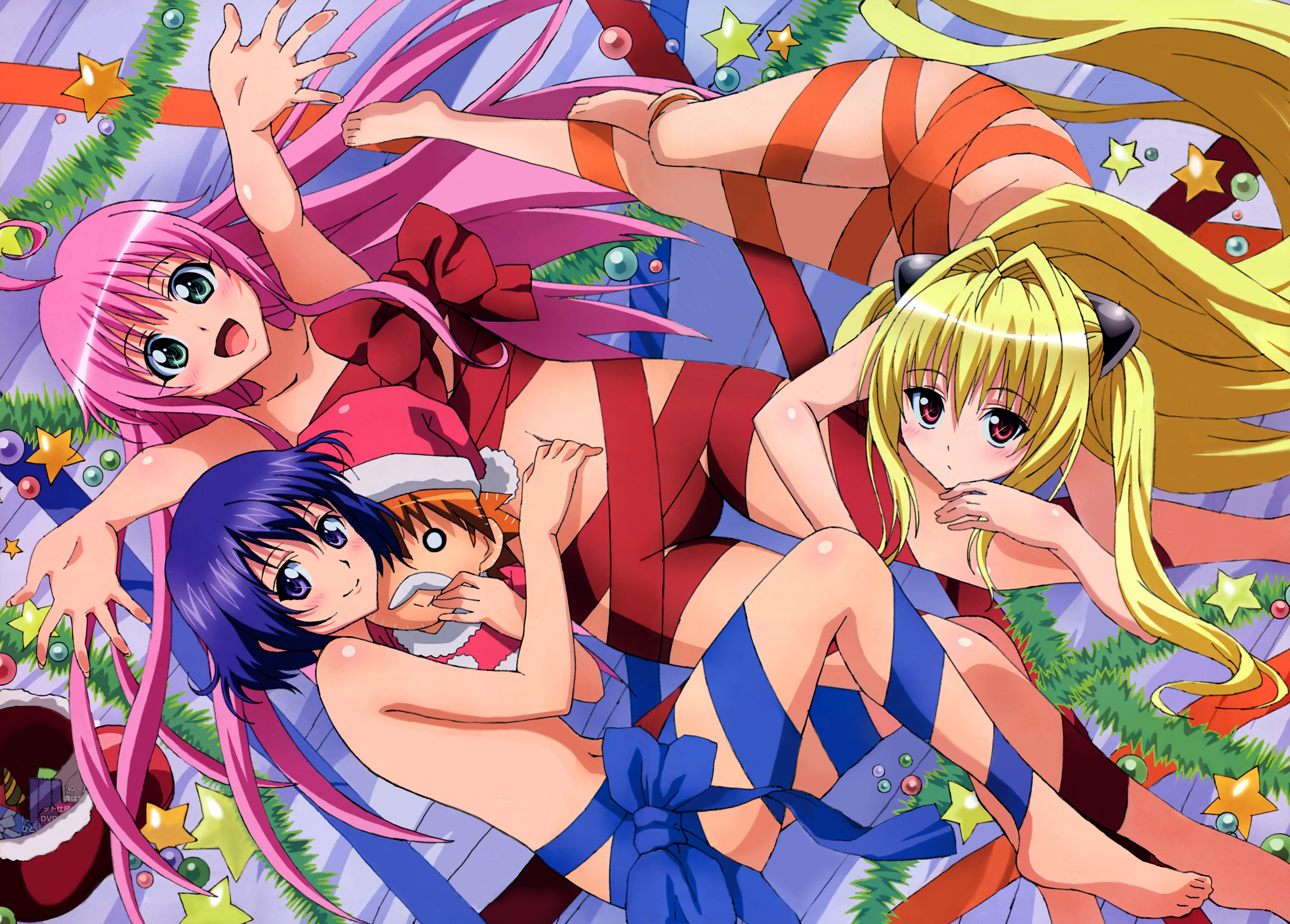 takami akio, konjiki no yami, lala satalin deviluke, sairenji haruna, to love-ru, absurdres, highres, 00s, 3girls, barefoot, blonde hair, christmas, green eyes, long hair, multiple girls, naked ribbon, pink hair, purple eyes, purple hair, red eyes, ribbon, short hair