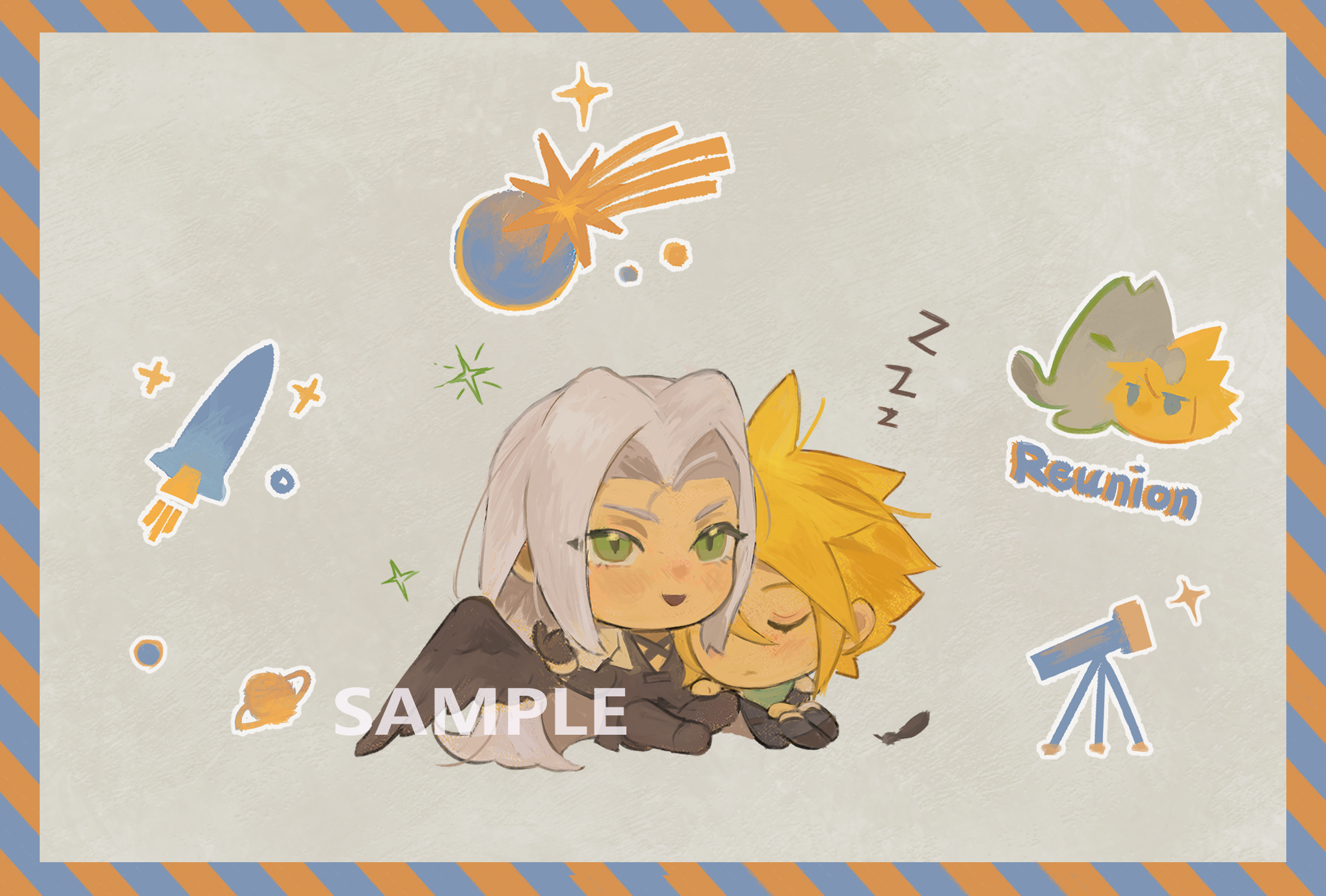 pai jingguan, cloud strife, sephiroth, crisis core final fantasy vii, final fantasy, final fantasy vii, chinese commentary, commentary request, highres, 2boys, armor, bandana, black boots, black coat, black feathers, black gloves, blonde hair, blue pants, blue shirt, boots, bracer, chest strap, chibi, chibi only, closed eyes, coat, crossed legs, english text, feathered wings, feathers, full body, gloves, green bandana, green eyes, grey background, grey hair, hair intakes, hand up, head on chest, leaning on person, long bangs, long hair, male focus, meteor, multiple boys, open mouth, pants, parted bangs, pauldrons, planetary ring, rocket, sample watermark, shirt, short hair, shoulder armor, single wing, sitting, sleeping, slit pupils, smile, sparkle, spiked hair, star (sky), telescope, very long hair, watermark, wings, zzz