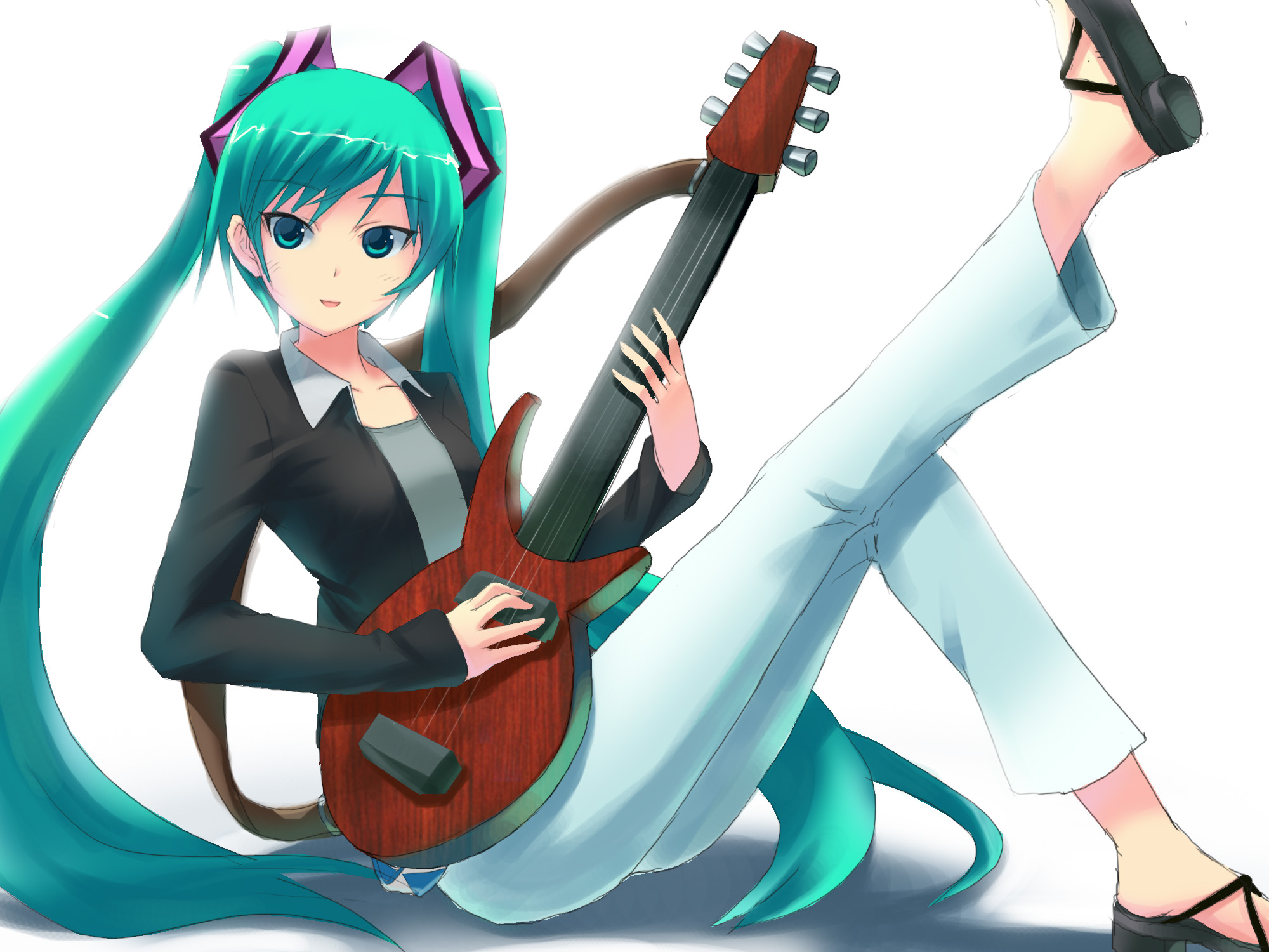 tuanzi, hatsune miku, vocaloid, highres, aqua eyes, aqua hair, capri pants, guitar, hair ribbon, instrument, long hair, pants, ribbon, sandals, solo, twintails