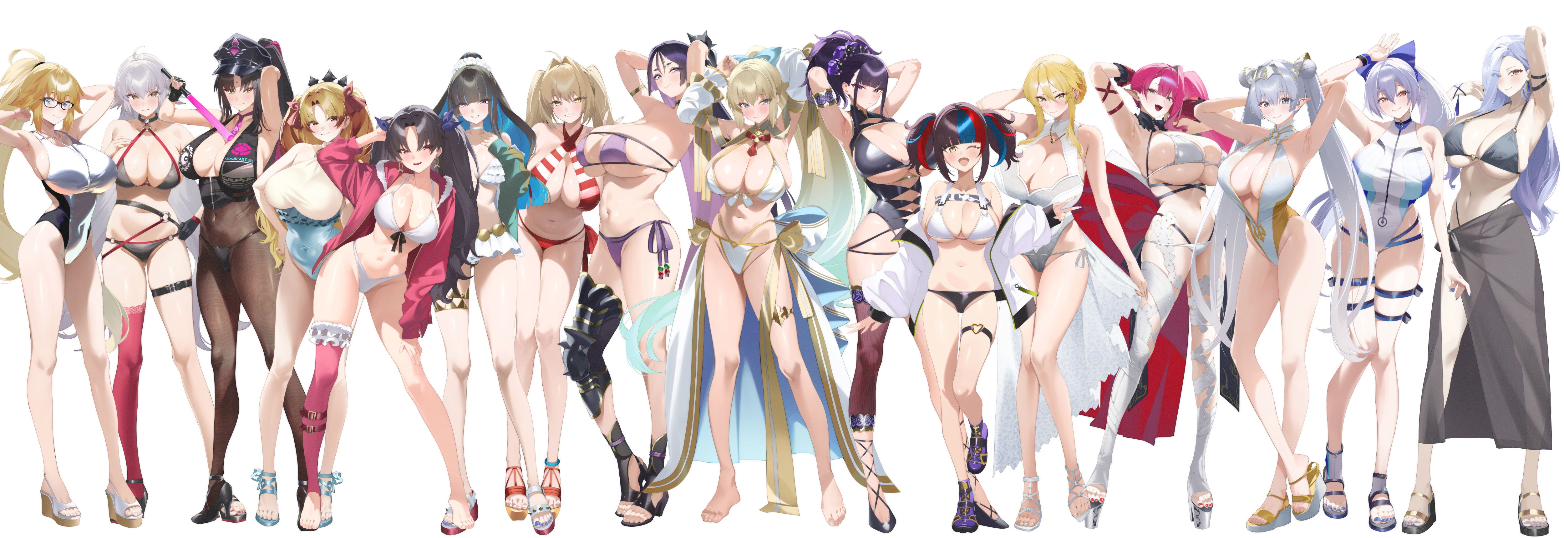 kurozawa yui, artoria pendragon (fate), artoria pendragon (swimsuit ruler) (fate), artoria pendragon (swimsuit ruler) (second ascension) (fate), baobhan sith (fate), baobhan sith (swimsuit pretender) (third ascension) (fate), britomart (fate), britomart (final ascension) (fate), ereshkigal (fate), ereshkigal (swimsuit beast) (fate), ishtar (fate), ishtar (swimsuit rider) (fate), jeanne d'arc (fate), jeanne d'arc (swimsuit archer) (second ascension) (fate), jeanne d'arc alter (fate), jeanne d'arc alter (swimsuit berserker) (fate), minamoto no raikou (fate), minamoto no raikou (fate/grand order), minamoto no raikou (swimsuit lancer) (fate), minamoto no raikou (swimsuit lancer) (third ascension) (fate), morgan le fay (fate), morgan le fay (water princess) (fate), mrs. snake (fate), murasaki shikibu (fate), murasaki shikibu (swimsuit rider) (first ascension) (fate), nero claudius (fate), nero claudius (swimsuit caster) (fate), sei shounagon (fate), sei shounagon (swimsuit berserker) (first ascension) (fate), sessyoin kiara, sessyoin kiara (swimsuit mooncancer) (second ascension), tenochtitlan (fate), tenochtitlan (swimsuit mooncancer) (first ascension) (fate), tomoe gozen (fate), tomoe gozen (swimsuit saber) (first ascension) (fate), fate/grand order, fate (series), tenochtitlan (swimsuit mooncancer) (fate), tomoe gozen (swimsuit saber) (fate), absurdres, commentary, highres, 6+girls, :d, ahoge, alternate breast size (larger), alternate costume, anklet, arm guards, arm up, armlet, armor, armpits, arms up, bare arms, bare legs, bare shoulders, barefoot, bead bracelet, beads, belly chain, bikini, black bikini, black gloves, black hair, black hat, black one-piece swimsuit, black shorts, blonde hair, blue eyes, blue hair, blue lips, blue nails, blue one-piece swimsuit, blunt bangs, blush, bracelet, breasts, brown pantyhose, choker, cleavage, closed mouth, collarbone, colored inner hair, covered navel, criss-cross halter, detached sleeves, diagonal bangs, double bun, earrings, eyeliner, eyepatch bikini, feet, full body, fur-trimmed legwear, fur trim, glasses, gloves, gradient hair, greaves, green eyes, green jacket, grey eyes, grey hair, grin, hair between eyes, hair bun, hair intakes, hair ornament, hair over one eye, hair ribbon, halterneck, hand on own hip, hat, high heels, high ponytail, highleg, highleg one-piece swimsuit, holding baton, hood, hooded jacket, hoop earrings, huge breasts, jacket, jewelry, large breasts, legs, long hair, long sleeves, looking at viewer, low-tied long hair, makeup, medium breasts, multicolored hair, multiple girls, nail polish, navel, necklace, necktie, o-ring, o-ring bikini, off shoulder, one-piece swimsuit, one eye closed, open clothes, open jacket, open mouth, pantyhose, parted bangs, pink hair, pink jacket, pink thighhighs, pointy ears, ponytail, presenting armpit, purple bikini, purple eyes, purple hair, purple necktie, red bikini, red eyes, red hair, red nails, red ribbon, red thighhighs, ribbon, ruffle bikini, sandals, sarong, shoes, short shorts, shorts, side ponytail, sideboob, sidelocks, simple background, single glove, single greave, single thighhigh, smile, sneakers, standing, stomach, striped bikini, striped clothes, swimsuit, tassel, thigh gap, thigh strap, thighhighs, thighlet, thighs, tiara, toenail polish, toenails, toes, twintails, two side up, underboob, v, very long hair, white background, white bikini, white hair, white jacket, white one-piece swimsuit, yellow eyes