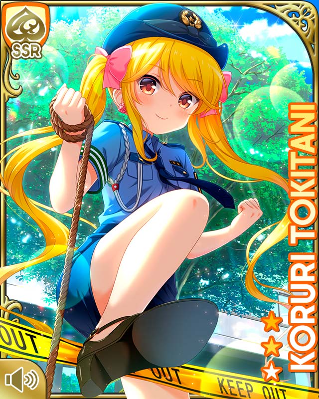 qp:flapper, tokitani koruri, girlfriend (kari), official art, tagme, 1girl, bare legs, blonde hair, blue hat, blue necktie, blue shirt, blue skirt, blush, bow, card (medium), caution tape, closed mouth, day, earrings, english text, hair bow, hat, jewelry, long hair, looking at viewer, necktie, outdoors, pink bow, police, police uniform, policewoman, ribbon, shirt, skirt, smile, solo, standing, stepping, twintails