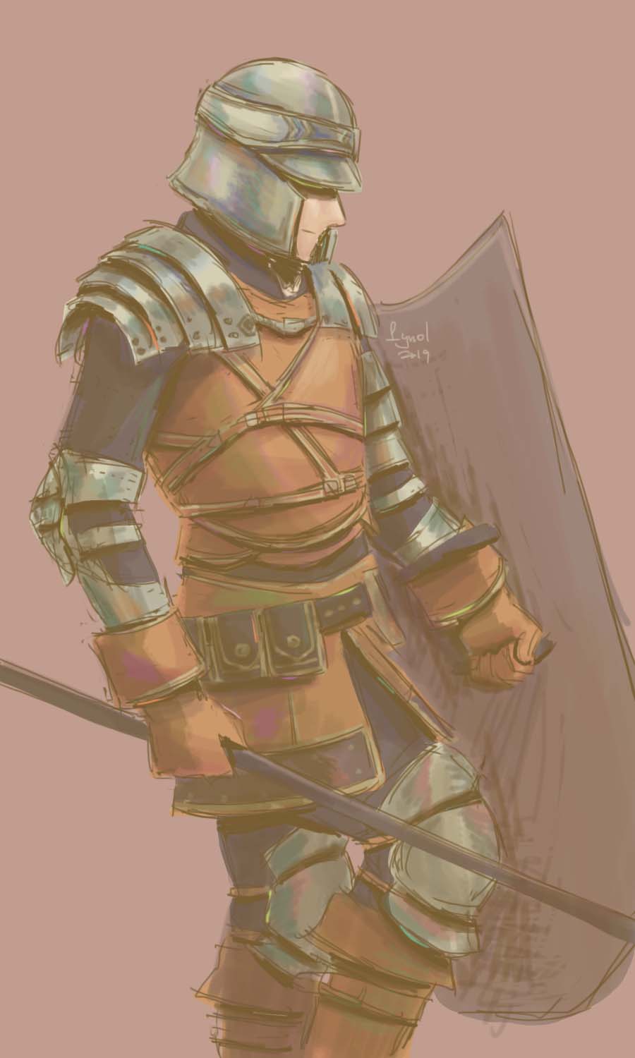 lynol, mild mannered pate, dark souls (series), dark souls ii, commentary, highres, 1boy, 2019, black pants, black shirt, boots, brown background, brown boots, brown gloves, brown vest, closed mouth, feet out of frame, gloves, hat over eyes, helmet, holding, holding polearm, holding shield, holding weapon, male focus, pants, polearm, shield, shirt, simple background, solo, spear, standing, vest, weapon