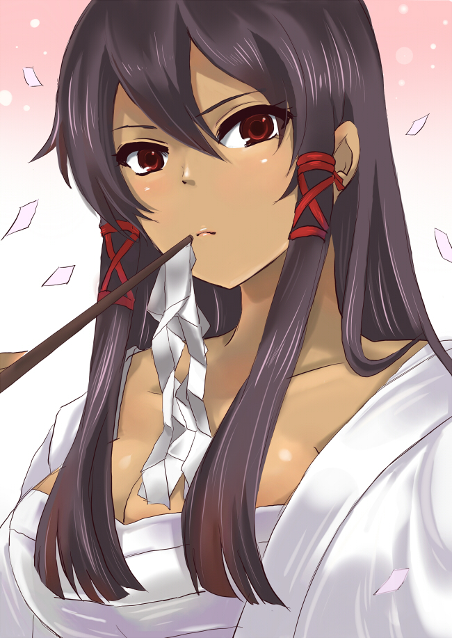 masaki (celesta), tatsumiya mana, mahou sensei negima!, bad id, 00s, 1girl, black hair, breasts, cleavage, dark-skinned female, dark skin, female focus, gohei, hair ribbon, japanese clothes, looking at viewer, medium breasts, miko, oonusa, red eyes, ribbon, sarashi, solo
