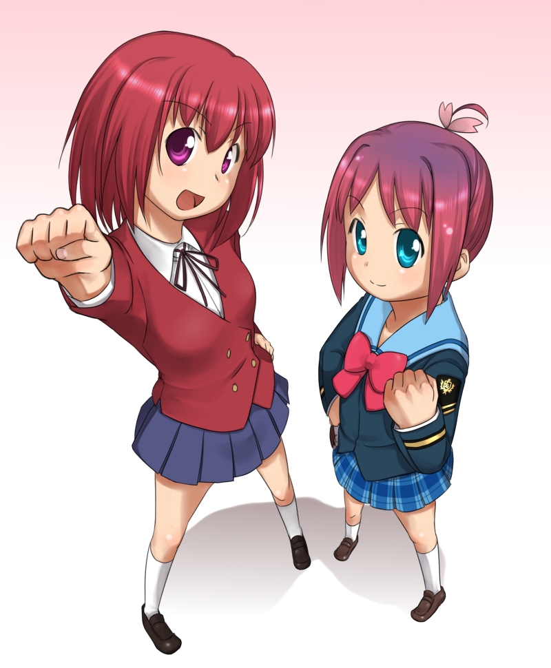 ttomm, amamiya manami, horie yui, kushieda minori, gakuen utopia manabi straight!, toradora!, 00s, 2girls, :d, aqua eyes, blue eyes, bow, clenched hand, crossover, from above, gradient hair, hand on own hip, height difference, massugu go, multicolored hair, multiple girls, open mouth, pink bow, purple eyes, red hair, school uniform, smile, voice actor connection