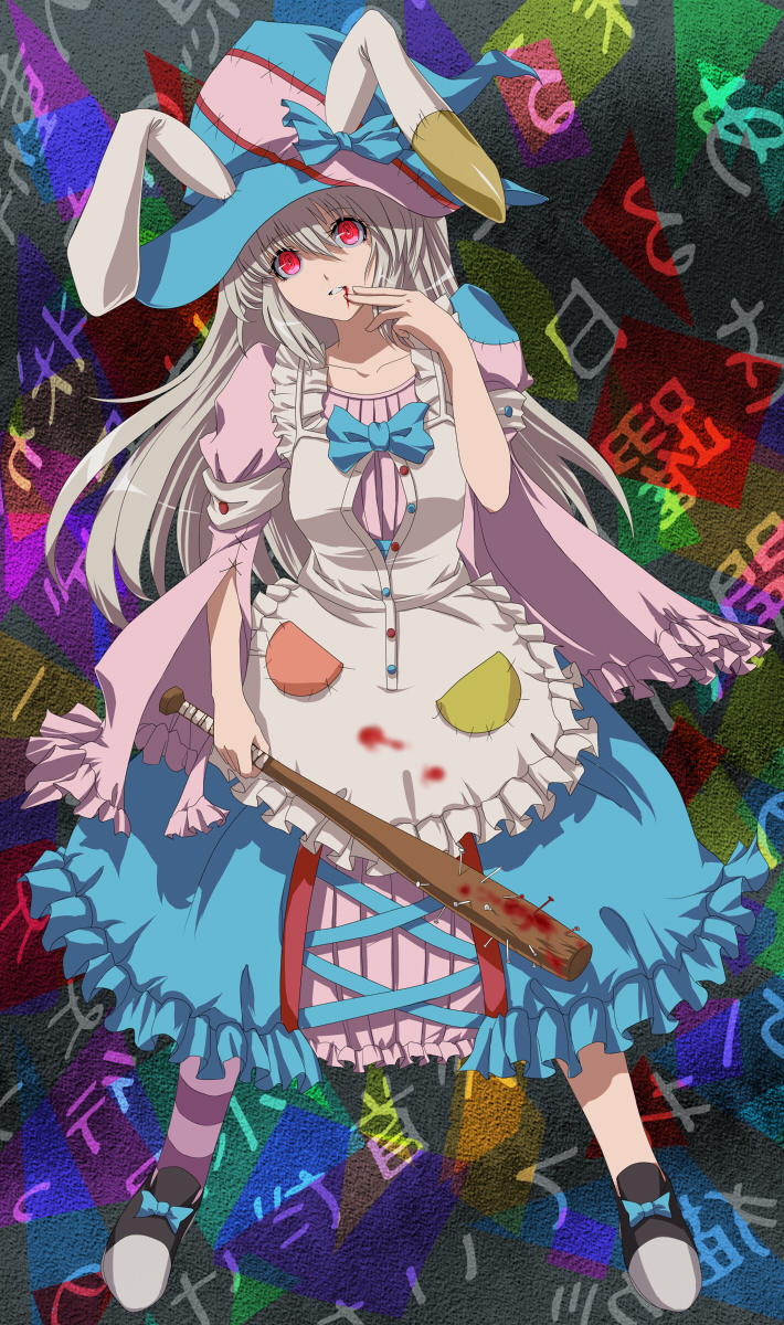 fuji hyorone, irisu kyouko, irisu shoukougun!, highres, 1girl, animal ears, apron, baseball bat, blood, club, club (weapon), dress, female focus, frills, full body, grey hair, hat, long hair, looking at viewer, nail (hardware), nail bat, rabbit ears, red eyes, ribbon, shoes, socks, solo, spiked club, standing, striped clothes, striped socks, weapon, white hair, witch hat, yandere