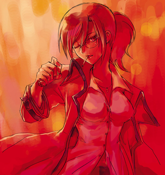 nichiru, aozaki touko, kara no kyoukai, cigarette, glasses, one eye closed, ponytail, red theme, smoking, solo, wink