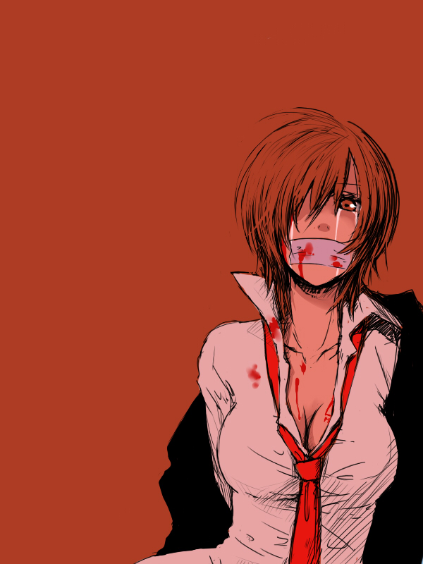 a-ka, meiko (vocaloid), vocaloid, bad id, bad pixiv id, 1girl, bdsm, blood, bondage, bound, breasts, brown eyes, brown hair, cleavage, female focus, gag, gagged, improvised gag, large breasts, necktie, short hair, solo, tape, tape gag, tears
