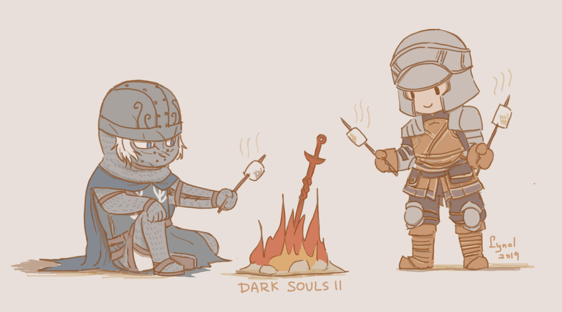 lynol, creighton of mirrah, mild mannered pate, dark souls (series), dark souls ii, commentary, highres, 2019, 2boys, armor, artist name, black pants, black shirt, blue cape, blue eyes, bonfire (dark souls), boots, brown boots, brown vest, cape, chainmail, closed mouth, copyright name, fire, food, full body, grey background, grey hair, helmet, male focus, marshmallow, mask, masked, multiple boys, pants, pauldrons, roasted marshmallow, shirt, short hair, shoulder armor, simple background, sitting, smile, standing, sword, vest, weapon