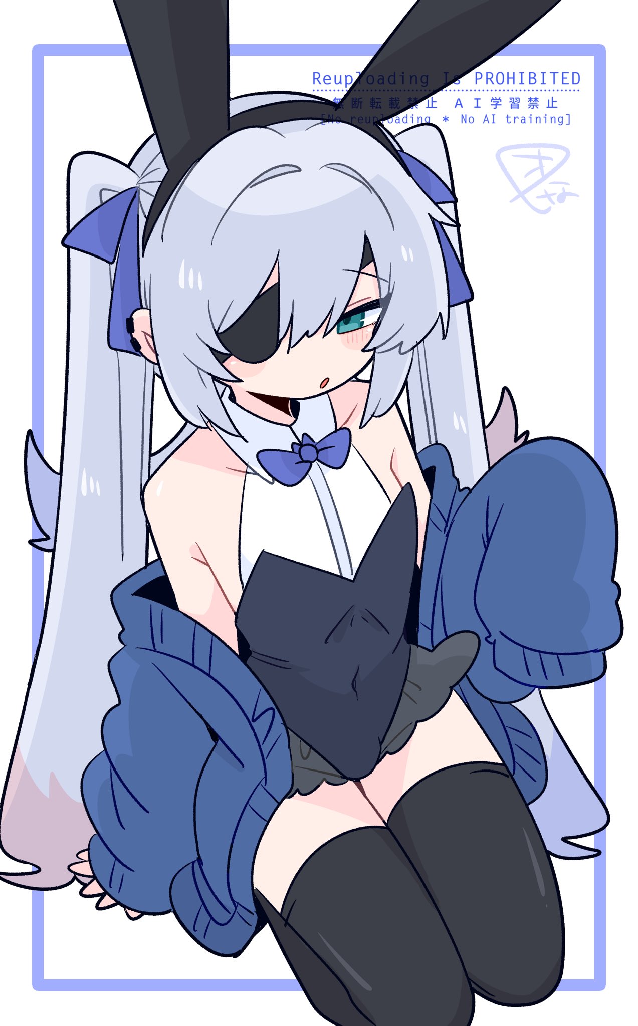 op na yarou, original, commentary, highres, 1boy, :o, animal ear hairband, animal ears, bare shoulders, black hairband, black leotard, black thighhighs, blue bow, blue bowtie, blue cardigan, blue eyes, blush, bow, bowtie, bulge, cardigan, collarbone, covered navel, crossdressing, crossdressing (mtf), earclip, eyepatch, fake animal ears, flipped hair, from above, full body, hair between eyes, hair bow, hairband, hand up, leotard, long hair, looking at viewer, male focus, male playboy bunny, narrowed eyes, no nose, one eye covered, open cardigan, open clothes, parted lips, playboy bunny, rabbit ear hairband, rabbit ears, raised inner eyebrows, rigel (op na yarou), seiza, sidelocks, simple background, sitting, sleeves past fingers, sleeves past wrists, solo, thighhighs, thighs, trap, twintails, very long hair, watermark, white background, white hair