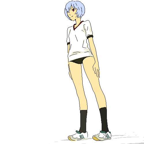 gen (susono01), ayanami rei, neon genesis evangelion, lowres, blue hair, buruma, gym uniform, oekaki, red eyes, short hair, solo