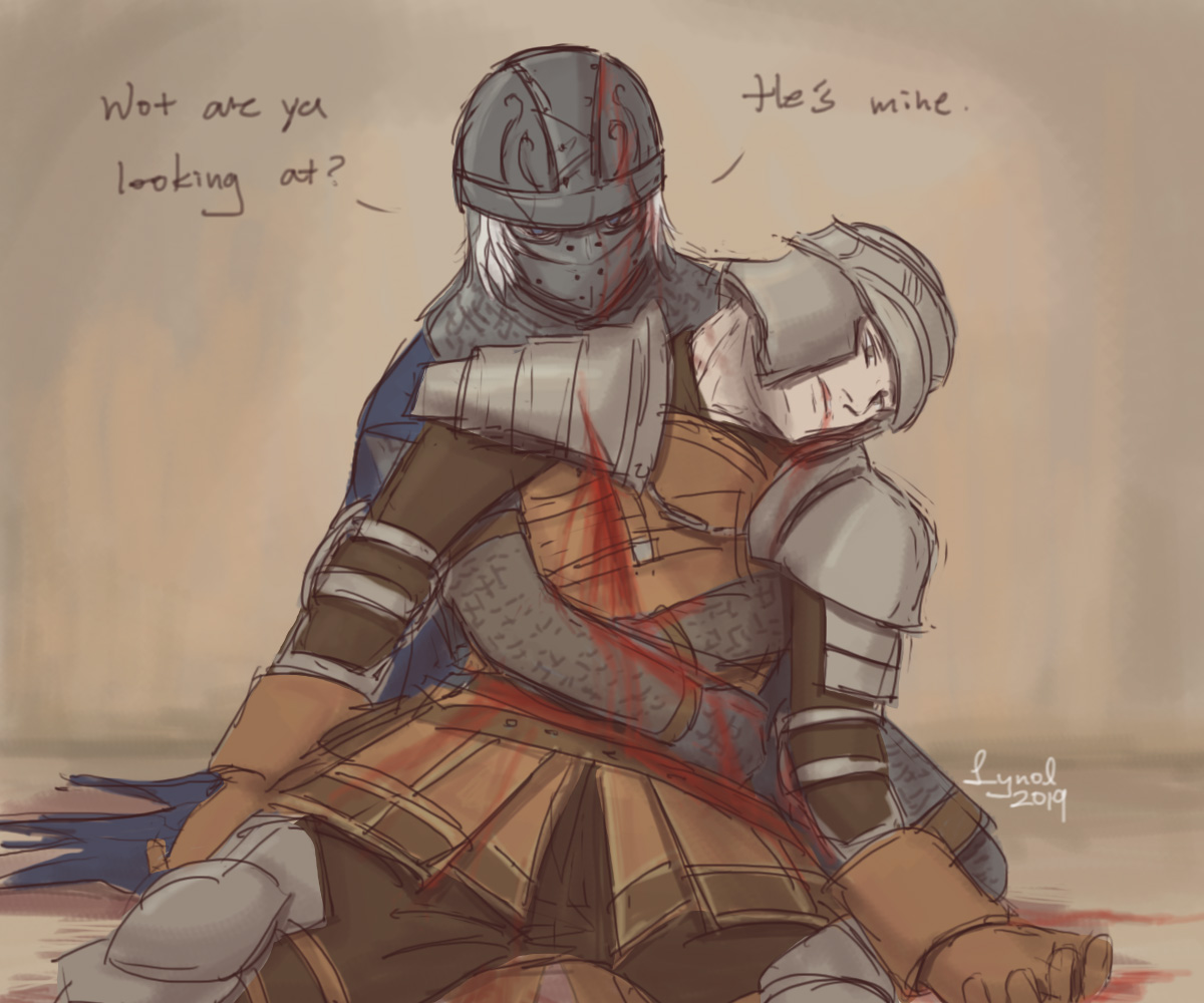 lynol, creighton of mirrah, mild mannered pate, dark souls (series), dark souls ii, commentary, 2019, 2boys, armor, artist name, black pants, black shirt, blood, blood on clothes, blood on face, chainmail, death, english text, helmet, looking at viewer, male focus, mask, masked, multiple boys, pants, pauldrons, shirt, short hair, shoulder armor, sitting
