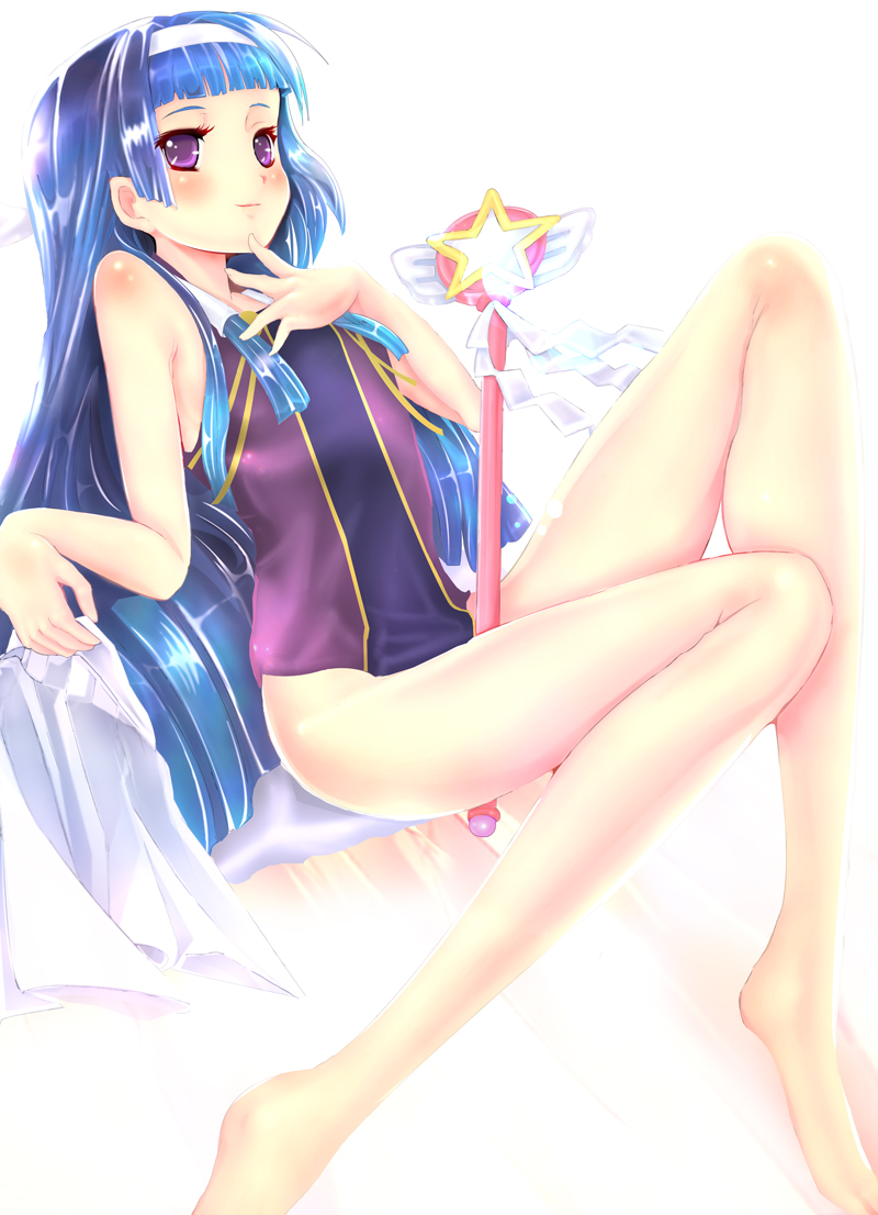 teruru, nagi, kannagi, bad id, bad pixiv id, 00s, 1girl, bad anatomy, bad feet, barefoot, blue hair, blunt bangs, feet, female focus, hairband, long hair, one-piece swimsuit, poorly drawn, purple eyes, solo, swimsuit, wand