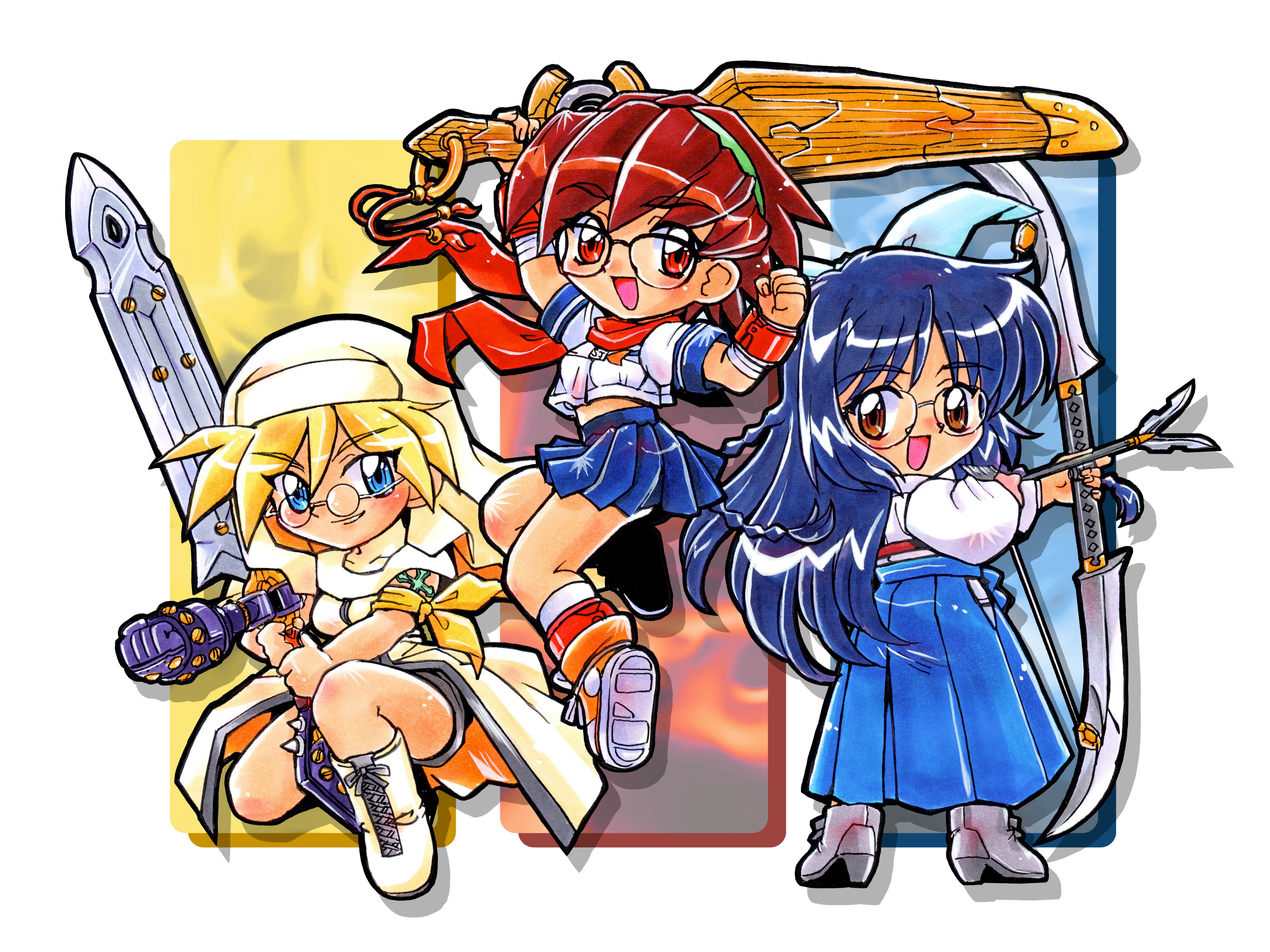kokomahi, arashiyama sara, hoshikawa yayoi, kurama yuki, g-on riders, absurdres, commentary, highres, 3girls, anklet, arm up, arrow (projectile), bandaged arm, bandages, bandana, bandana around arm, black shorts, blonde hair, blue bow, blue eyes, blue hair, blue hakama, blue skirt, boots, bow, bow (weapon), bracelet, braid, brown eyes, chibi, chibi only, closed mouth, coat, drawing bow, glasses, greatsword, green hairband, hair bow, hairband, hakama, hakama pants, hand up, high heel boots, high heels, holding, holding bow (weapon), holding sword, holding weapon, japanese clothes, jewelry, jumping, kimono, long hair, looking at viewer, midriff, mini eyewear, multiple girls, nun, on one knee, open mouth, orange shoes, pants, pleated skirt, red eyes, red hair, red scarf, round eyewear, scarf, school uniform, serafuku, shoes, short hair, shorts, skirt, smile, socks, standing, sword, veil, weapon, white boots, white kimono, white socks, wooden floor, yellow bandana, yellow boots, yellow coat, yellow veil