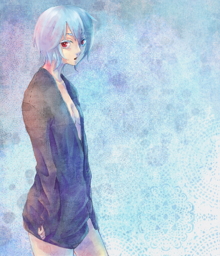 ayanami rei, neon genesis evangelion, blue hair, casual, naked shirt, nude, open clothes, open shirt, pale skin, shirt, short hair, solo